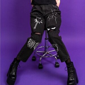 Cool The SPOOKY Black Distressed Jeans White Screen Printed Graphics